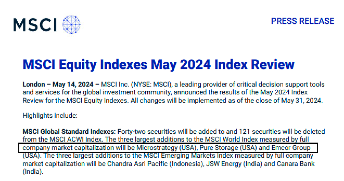 MSCI just announced it is adding Microstrategy, Pure Storage and Emcor to MSCI ACWI Index along w/ a bunch of other adds/drops. Pretty big deal as ACWI has a little over $4T benchmarked to it. Popular with institutions. $MSTR $PSTG $EME h/t @psarofagis