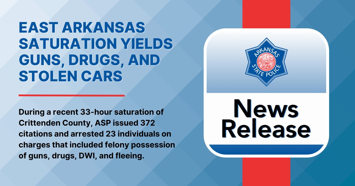 On May 9–10, 2024, the Highway Patrol Division of @ARStatePolice conducted a joint law enforcement operation with West Memphis Police Department, Marion Police Department, and the Crittenden County Sheriff’s Office. Learn more: dps.arkansas.gov/news/east-arka…