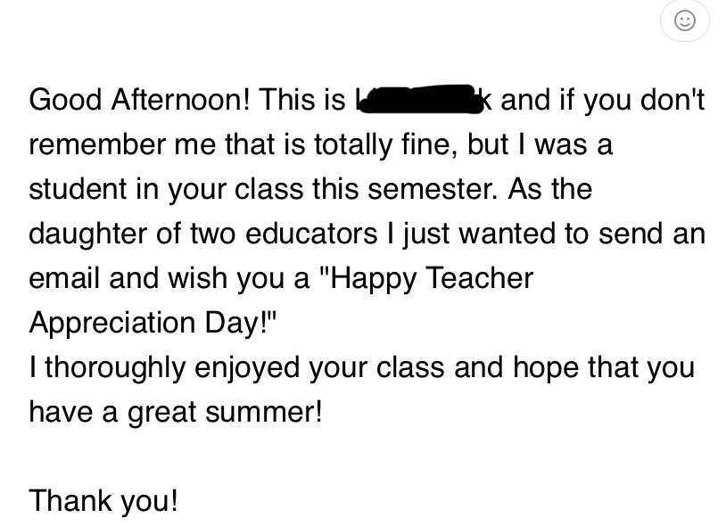 Grades are in!
Happy (belated) Teacher’s Day to all educators, who work tirelessly to create and teach course/s. You are unsung heroes! 
I am grateful to get this little note from a student (from this past semester). <a href="/txst/">Texas State University</a> <a href="/sjmctxst/">TXST Journalism and Mass Communication</a> 
#latepost ❤️🤩