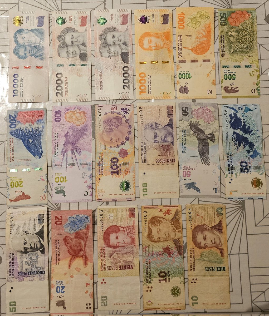 Estos son todos los billetes de curso legal circulantes en Argentina hoy. Una locura la cantidad no solo de denominaciones sino tambien de variedad del mismo billete. Complejo para la gente grande, extranjeros, para todos en general
