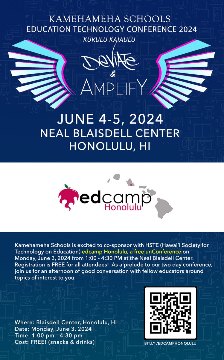 #KSEdTech is excited to partner with <a href="/HSTEorg/">HSTE</a> to bring you <a href="/EdcampHi/">Edcamp Honolulu</a>!
Register for both events at bit.ly/kukulu24 #808educate