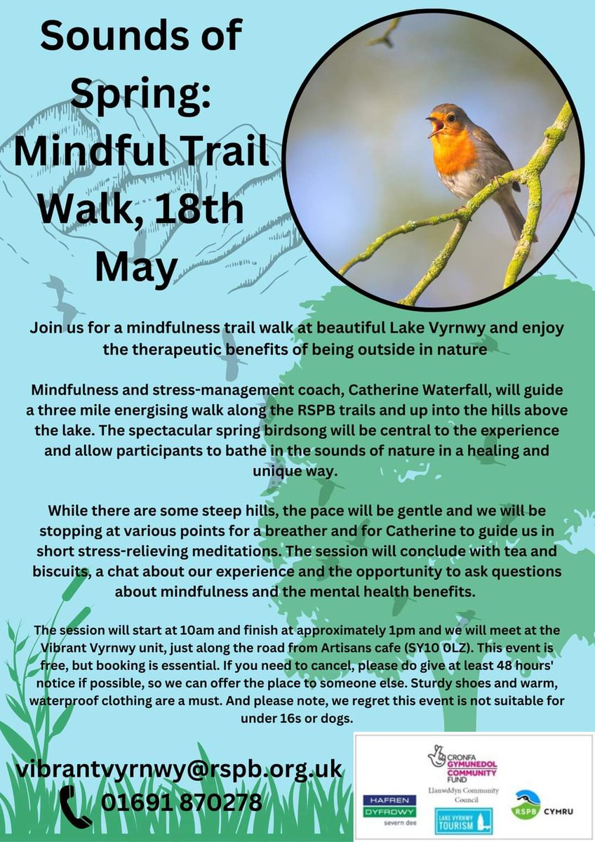 Still a few spaces left on our #mindfulness event 'Sounds of Spring'.  Join us & Catherine Waterfall, for a gentle guided walk around #LakeVyrnwy soaking up the therapeutic sounds of nature. 

Contact: vibrantvyrnwy@rspb.org.uk

#wellbeingwalks #MindfulLiving #soundsofspring