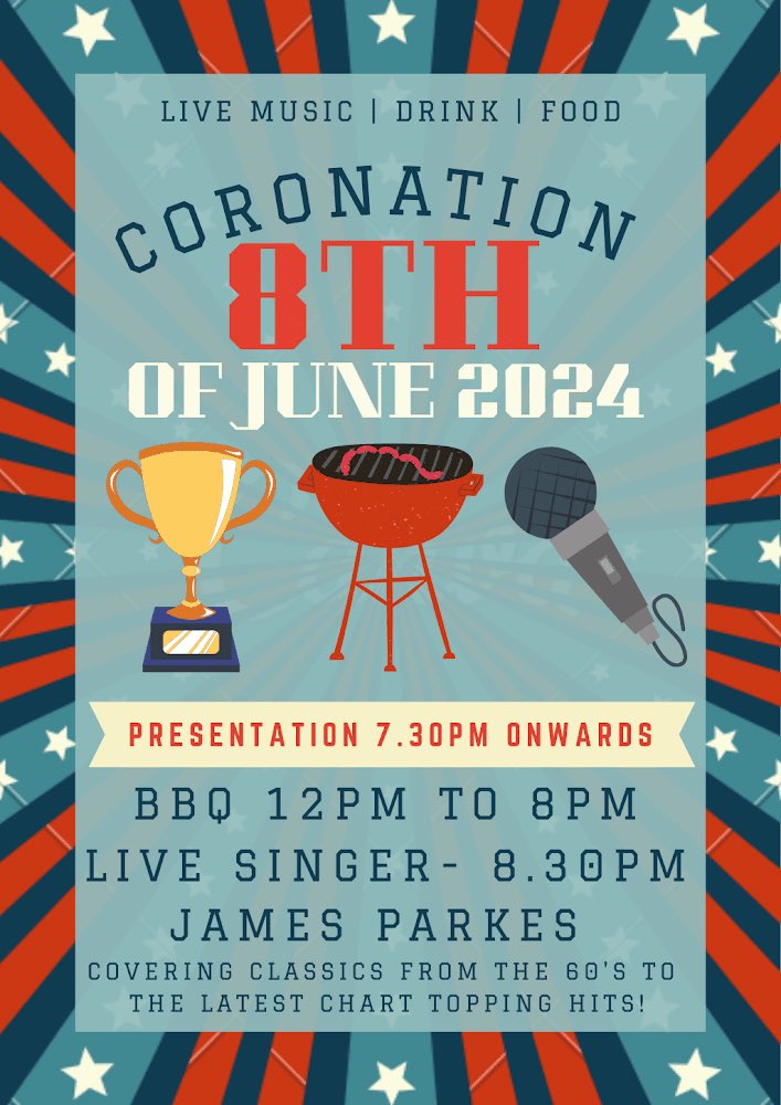 Coronation Trophy Entertainment 

Saturday 8th June 

Presentation 🏆

Live Music 🎶 Food 🍔🌭 Drink 🍺