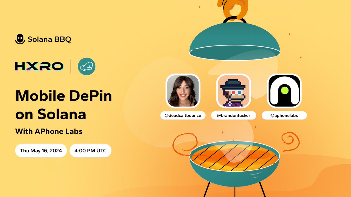 After a week off for Crossroads the Solana BBQ co-sponsored with <a href="/HxroNetwork/">HxroNetwork</a> is back!

Excited to welcome <a href="/aphonelabs/">APhone</a> to hear about their work building DePin mobile. 

🗓️ Thurs May 16, 4pm UTC

👉Set reminder and tune in: x.com/i/spaces/1RDxl…