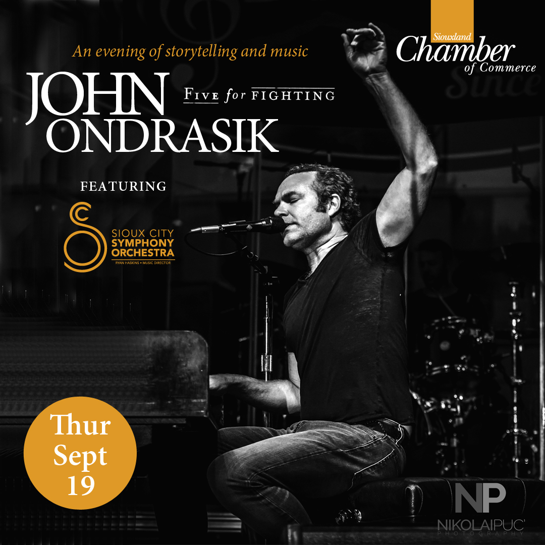 Join us for a night of storytelling & music at the Siouxland Chamber's 38th Annual Event on Sept. 19 at the Orpheum Theatre. The event will feature John Ondrasik, the Grammy nominated, platinum selling frontman for Five for Fighting. Get your tickets at bit.ly/3wIIE3Z.