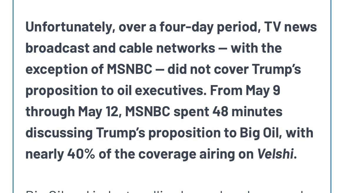 The most under-covered Trump story is his complete selling-out of the American people on issues they care about most. If gas prices go up soon, these same networks that ignored Trump’s $1 billion oil bribe will cover it constantly — and crucify Biden. mediamatters.org/msnbc/national…