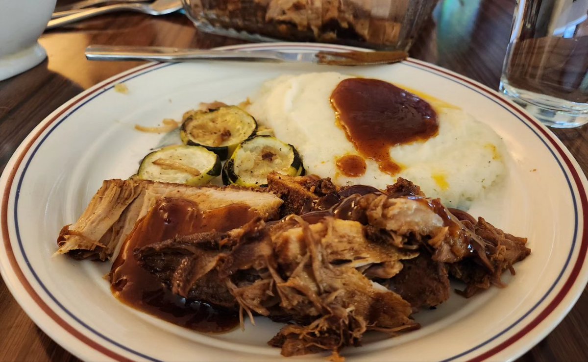 DMcPhail's tweet image. Today&apos;s cooking adventure honey butter pork loin with leftover garlic mashed and roasted zucchini, and chocolate-dipped ginger #FromTheeSpecCafeteria #eSpecCooks