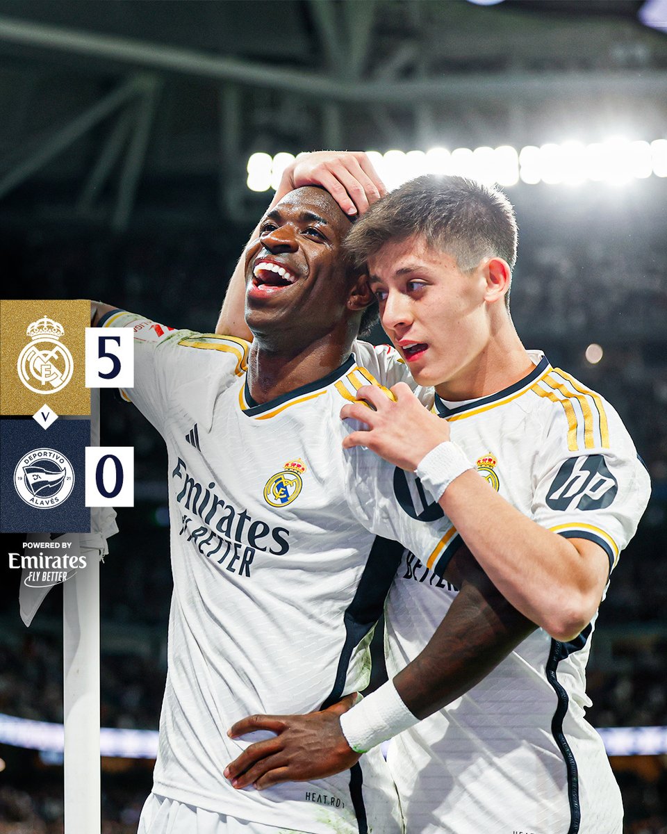 realmadrid's tweet image. 🏁 @RealMadrid 5-0 @Alaves
⚽ 10' @BellinghamJude
⚽ 27' @ViniJr
⚽ 45'+1' @fedeevalverde
⚽ 70' @ViniJr
⚽ 81' @10ardaguler
#RealMadridAlavés | #Emirates