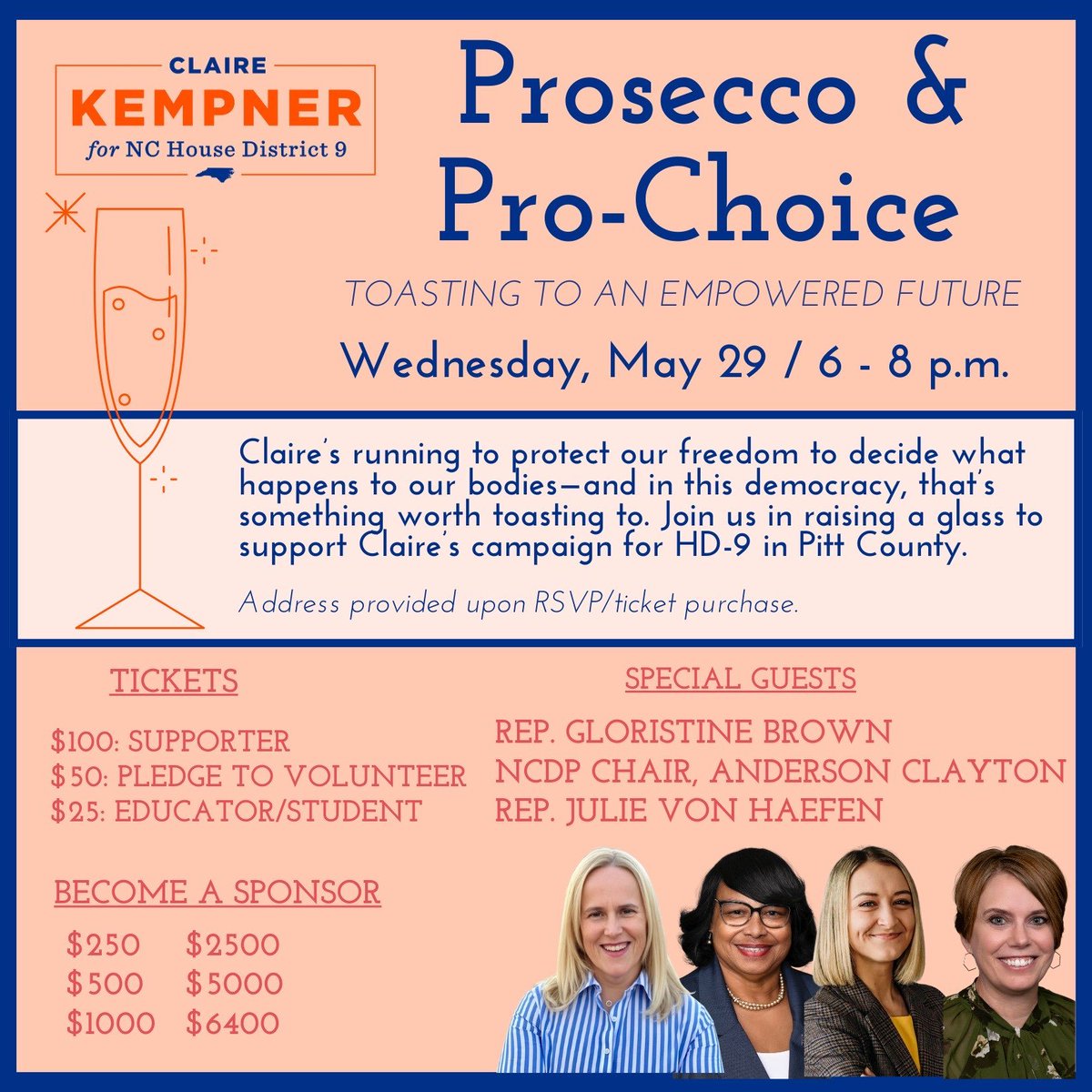 Looking for a fun way to get involved in politics and meet amazing women? Join me, Representative @GloristineBrown, NCDP Chair @abreezeclayton, and Representative @juliefornc for Prosecco and Pro-Choice: Toasting to an Empowered Future! Get tickets here: secure.actblue.com/donate/clairef…