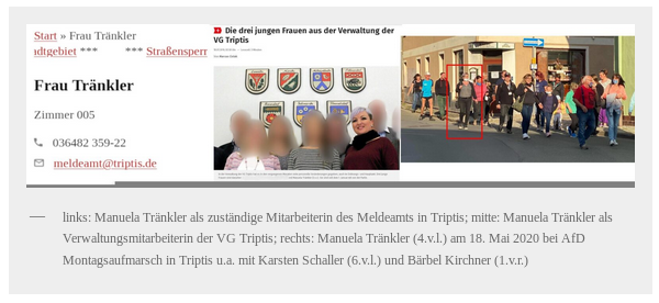 Recherche_Jena's tweet photo. Anja und Heiko Bergner treten in #Triptis zur Stadtratswahl an ohne dort zu wohnen. Im Triptiser Einwohnermeldeamt arbeitet mit Manuela Tränkler eine Anhängerin der AfD, die an „Montagsspaziergängen“ teilnahm und AfD Propaganda teilt. https://t.co/NyByTIl4Vu