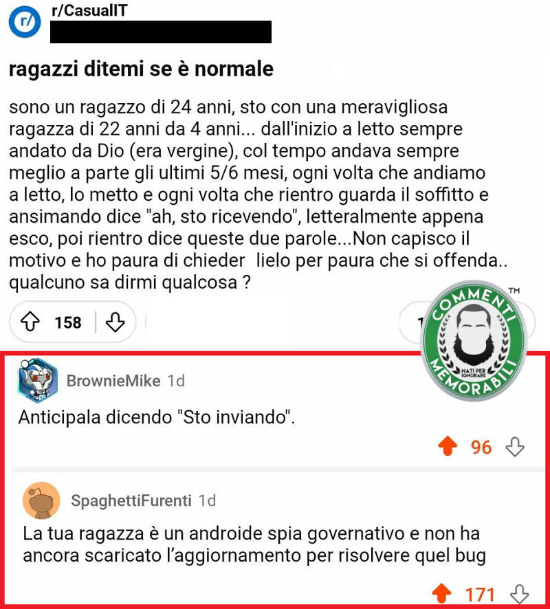E da Reddit Italia è dubbio intimo, a voi la linea. #commentimemorabili #ricevimenti #continuatevoi