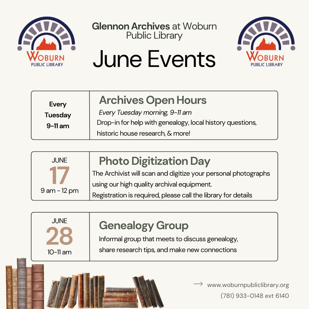 woburnlibrary's tweet image. The Archives are going to be busy next month! Be sure to swing by during Open Hours or attend one of the events taking place.
#GlennonArchives #WoburnPublicLibrary #Archives #LocalHistory #Genealogy
