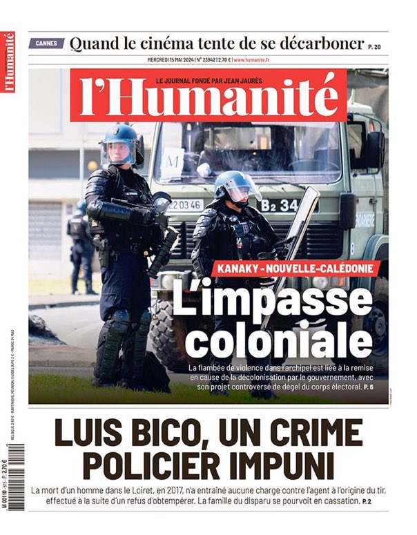 À la Une de @humanite_fr ce mercredi, « #Kanaky, l’impasse coloniale » et retour sur l’affaire Luis Bico, « Un crime policier impuni » #ViolencesPolicières