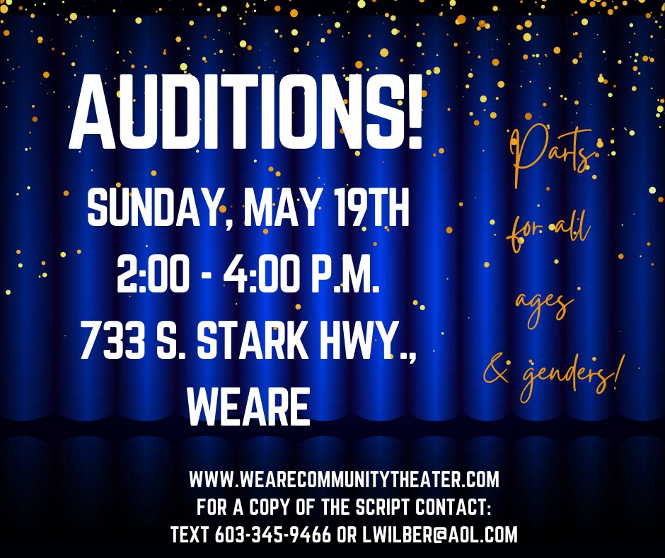 lisamwilber's tweet photo. Weare, NH and surrounding towns: it's time to jump back in! We are starting the audition process for our latest play TIME WILL TELL, a historical play by Connie Kellogg Evans! Questions? text 603-345-9466 or email: LWilber@aol.com https://t.co/rFLYQDU6nk