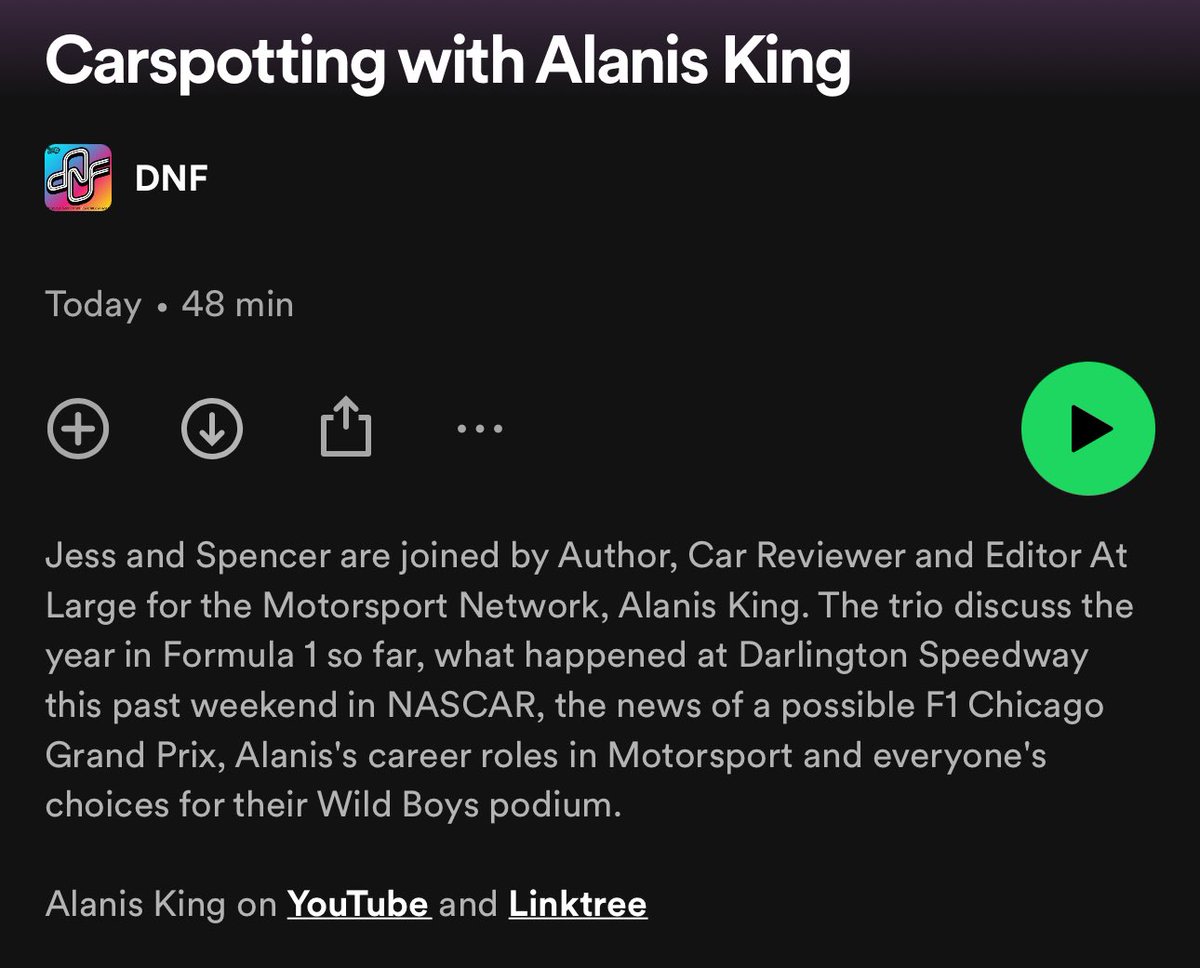 DNF is a weekly show now and what better time to mark the occasion than bringing on @alanisnking to talk F1, NASCAR and her various roles in Motorsport with @jessica_smetana and @edsbs 🍎: podcasts.apple.com/us/podcast/dnf… 🎧: open.spotify.com/episode/2h1Vqm…
