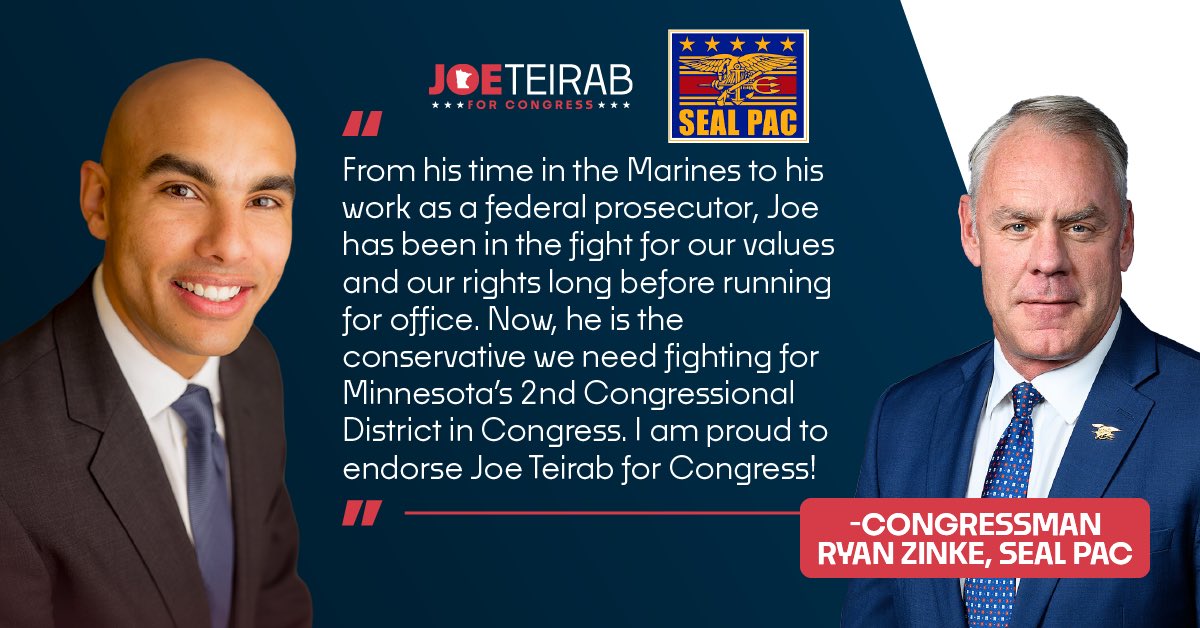 Having the support of SEAL PAC/@RyanZinke is not something I take lightly—he knows it’s critical that we have true conservative fighters in DC.

I’ve spent my life defending the values that make America the greatest country on earth. I’m ready to do the same in Congress. #MN02