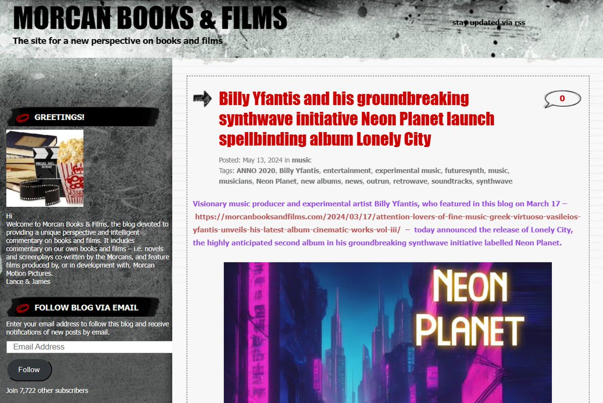 My #Synthwave project, Neon Planet, is reaching Morcan Books & Film in New Zealand and Australia. Thanks a lot for the cool article morcanbooksandfilms.com/2024/05/13/bil… #retrowave #vaporwave #cinema #movies #1980svintage #scifi #cyberpunk #1980smusic #1980smovies #gamingmusic #soundtrack