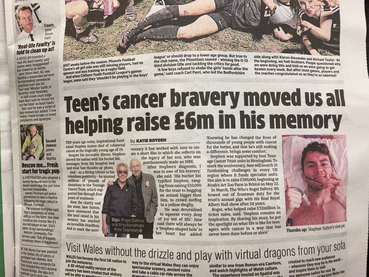 Today marks a decade since the death of Stephen Sutton, who was a friend and inspiration to us all at Bham @TeenageCancer and so far beyond. Proud to spot this lovely tribute in the paper today, highlighting an ongoing legacy 💛