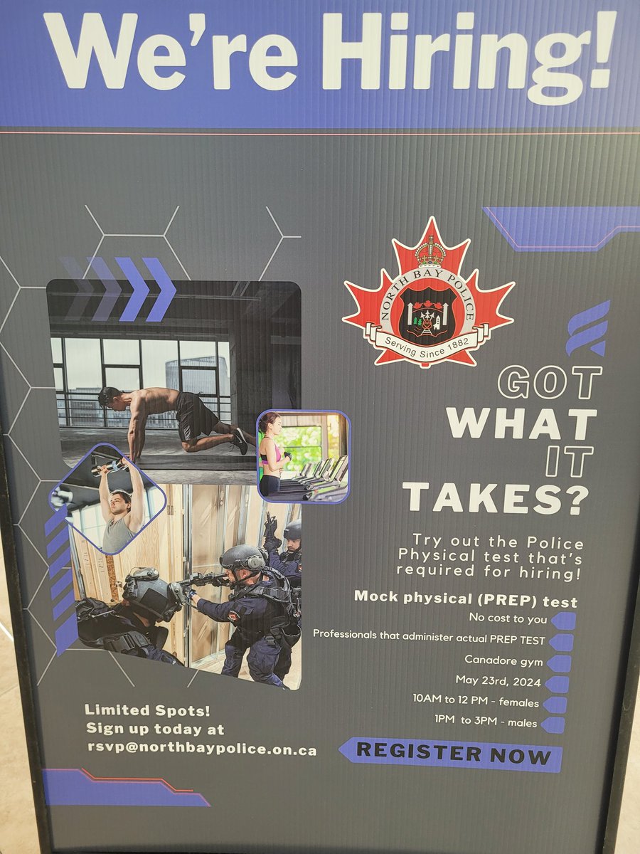 Thinking about becoming a police officer @NorthBayPolice? Sign up to try the mock physical test and see if you 'got what it takes' No cost. Limited spots. Testing on May 23rd, 2024. Sign up through email rsvp@northbaypolice.on ca @DarylLongworth @NBPAssoc