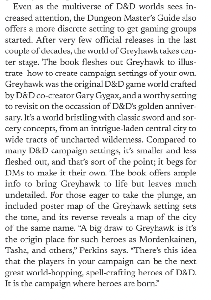 From Game Informer, Greyhawk will be the featured campaign setting of the Dungeon Master's Guide.