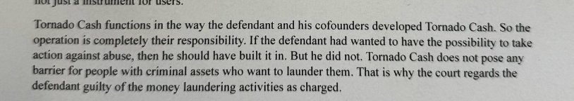 #TornadoCash case appears to suggest that any provider of products designed for personal #privacy MUST guarantee that their product cannot be utilized by criminals🤦‍♀️ It's hard to see how any encryption / fungible technology can avoid this issue... likewise, cash, gold coins etc.