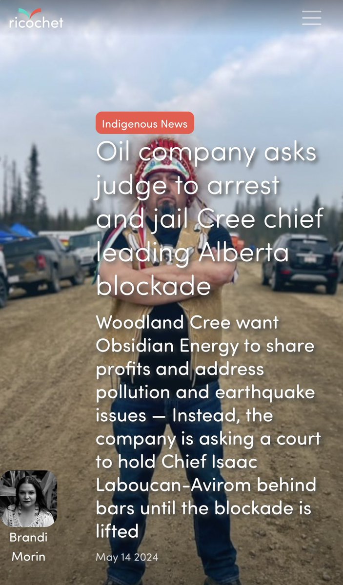 BREAKING: Obsidian Energy has filed a court application today to ask a judge to find Chief Isaac Laboucan-Avirom in contempt of court &amp; jail him re: Woodland Cree blockade. Obsidian lawyers sent Woodland Cree legal counsel an email yesterday advising of their intent- ALL WHILE