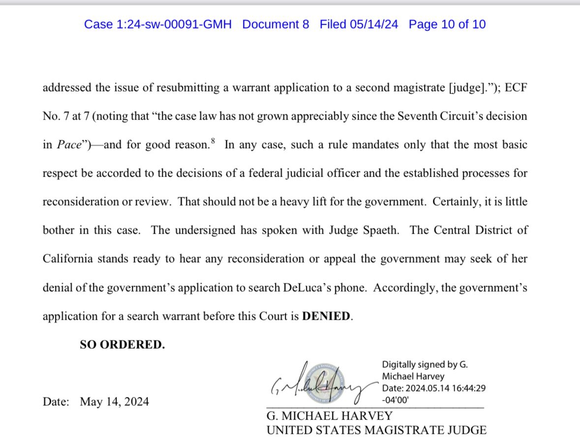 JUST IN—The DOJ applied for a warrant of my client @IsabellaMDeLuca’s cell phone in Orange County, California, related to #J6.  It was denied.  The DOJ then shipped the cell phone to DC for a more favorable venue & re-applied for a warrant.  Very unorthodox.  Today a DC…