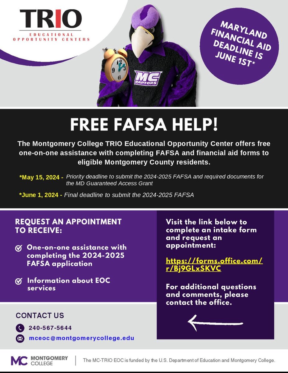 Need help completing the FREE Application for Federal Student Aid. To request an appointment, please complete this form: forms.office.com/r/Bj9GLxSKVC ⁦@MC_EOCmd⁩ ⁦@montgomerycoll⁩ ⁦@MCEngage⁩