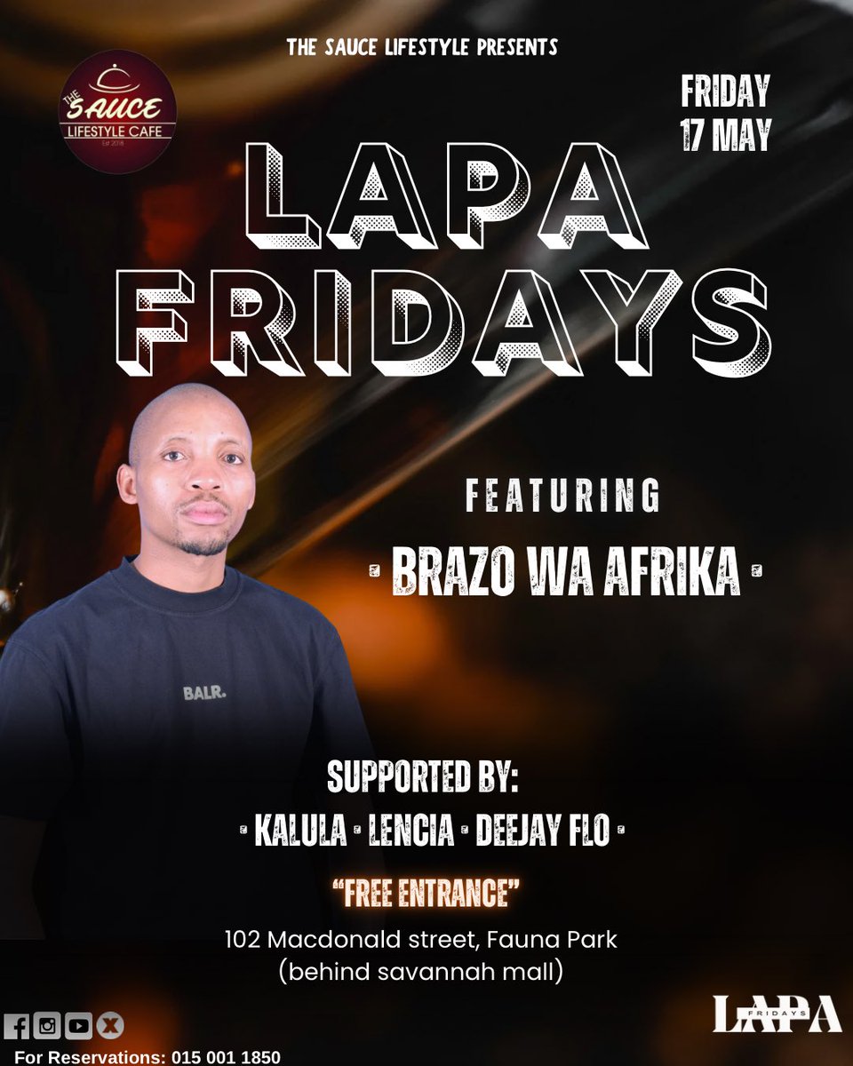 A GOOD FRIDAY DESERVES DEEP MUSIC 🔥🔥🔥 Get lost in the rhythm of soulful music with us on Friday, 10th of May 2024 for our #LapaFridays Featuring: @brazowaafrika Supported by: @lenciasa @kalula @deejay_flo_ . . #thesaucelifestyle #deephouse #fridaynight #polokwane