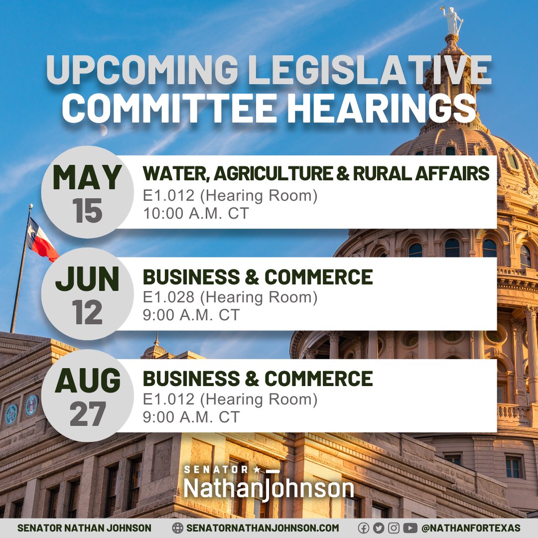 Mark your calendars! Busy few months ahead under the dome. Don't miss the upcoming #TXLege Senate committee hearings: 🗓️ May 15: Water, Agriculture & Rural Affairs 🗓️ June 12: Business & Commerce 🗓️ August 27: Business & Commerce 📺 Watch live: senate.texas.gov/av-live.php ⤵️