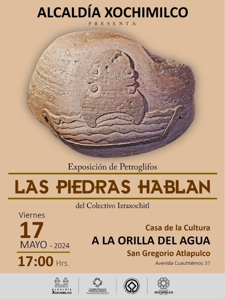 📌Nuestro #Xochimilco alberga decenas de grabados en piedra, como parte de nuestras raíces prehispánicas. 🗓️Este 17 de mayo, te invitamos a conocer más al respecto de estos con la exposición 'Petroglifos, las piedras hablan' en la Casa de Cultura de San Gregorio Atlapulco.