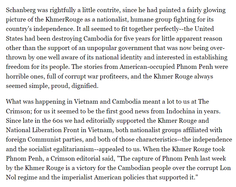 SwannMarcus89's tweet photo. Here's the Harvard Crimson in the 1970s talking about how their paper spent five years actively supporting the Khmer Rouge, followed by the writer saying he'll keep supporting them even after the mass murders came to light

https://t.co/rgKHBabH3f https://t.co/C7KfdmPJvT