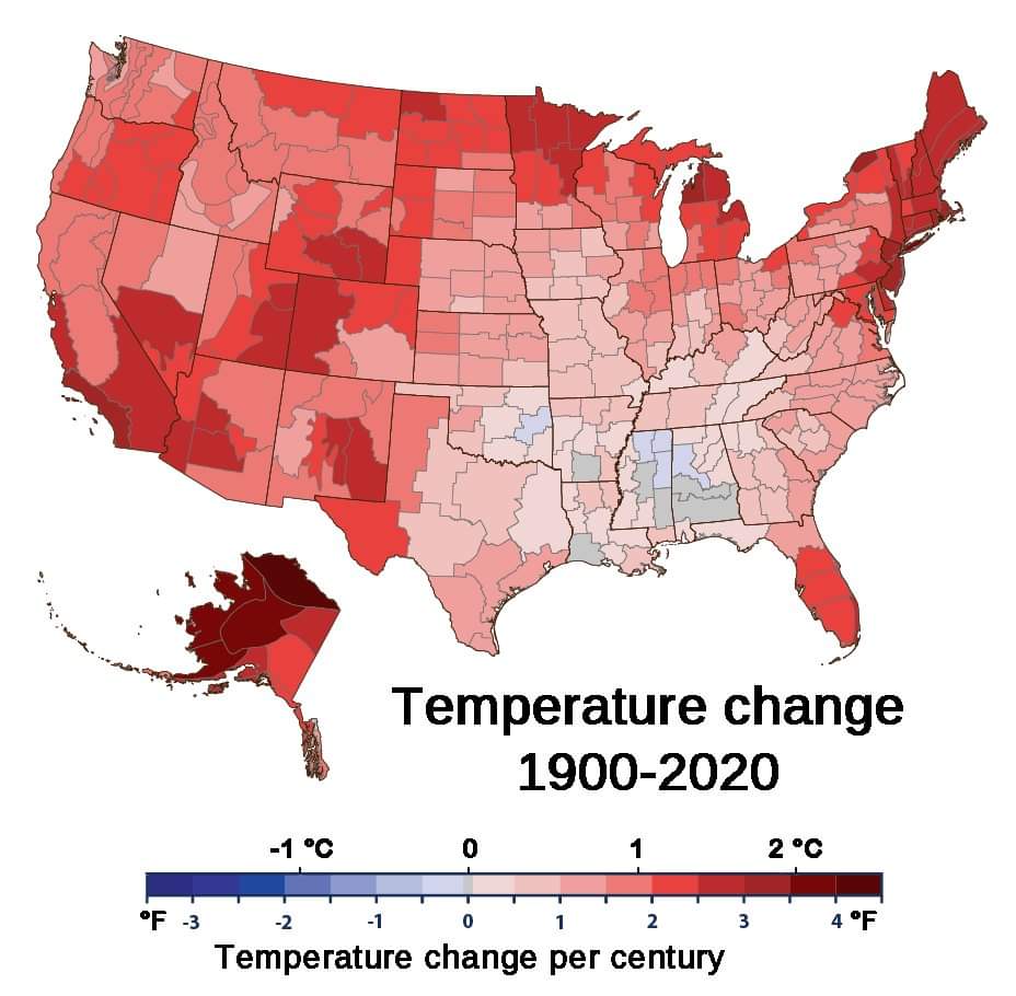 US temperature change between 1900 and 2020