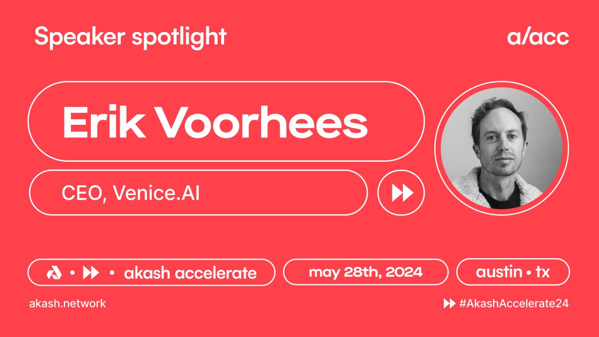 Speaker spotlight for Akash Accelerate '24 @ErikVoorhees will join @gregosuri for a fireside chat about the many ways that permissionless, self-sovereign technology makes for a more open world. Register to attend on May 28th in Austin, TX: akash.network/akash-accelera…