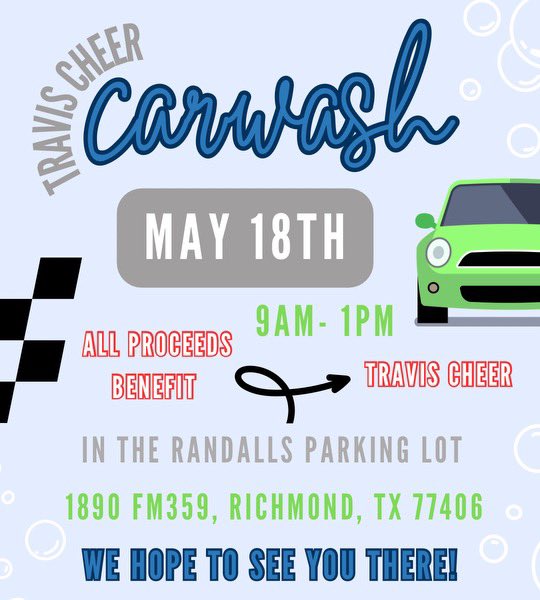 NEED YOUR CAR WASHED??? Come and let Travis Cheer wash your car!! We also accept donations. Help your favorite cheer team make their way to UCA NATIONALS!!