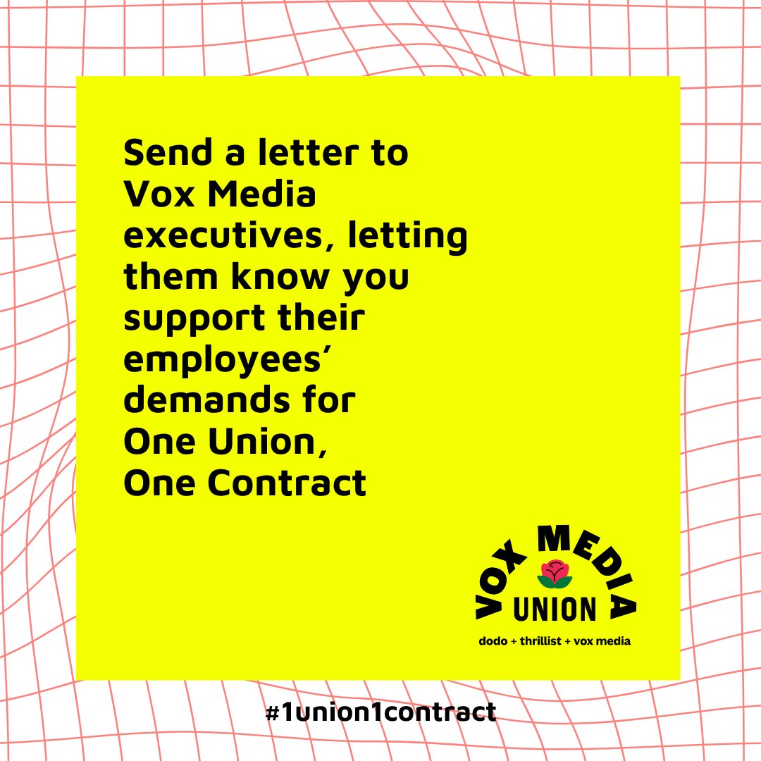 For months, hundreds of @vox_union, @thrillistunion and @thedodounion have demanded #OneUnionOneContract. Please send a letter to @voxmedia management urging the company to recognize the will of their employees and voluntarily agree to this merger! actionnetwork.org/letters/one-un…