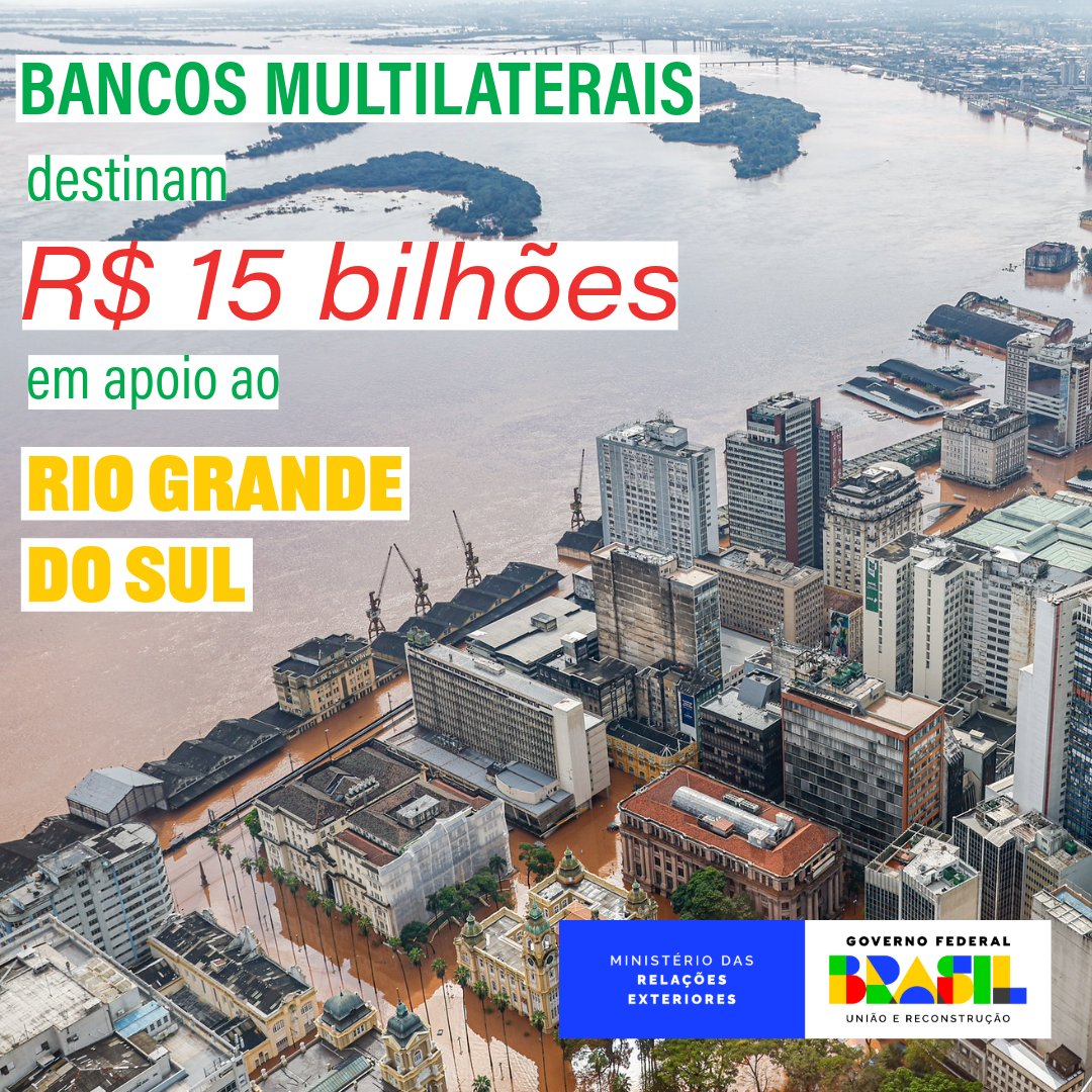 O 🇧🇷agradece aos bancos multilaterais, NDB, CAF, BID e BIRD, pelo auxílio ao Rio Grande do Sul, que enfrenta as consequências das fortes chuvas. Com a destinação de mais de R$ 15,6 bilhões, os recursos serão fundamentais para a reconstrução do estado.

📸: Ricardo Stuckert/PR
