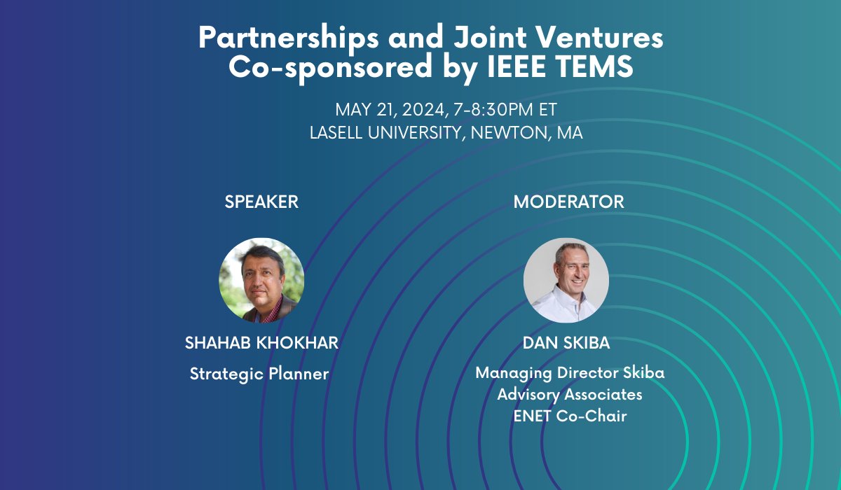 Join 'Partnerships and Joint Ventures' with @BostonENET & @IEEETEMs on Tues May 21 ET!
Give your #startup pitch & get feedback @eMinutePITCH!
The ENET Community's 33rd year of #startupevents!
RSVP bostonenet.org/upcoming-start… #enet3315 #pitch3315 #hybrid #startupevent #founder