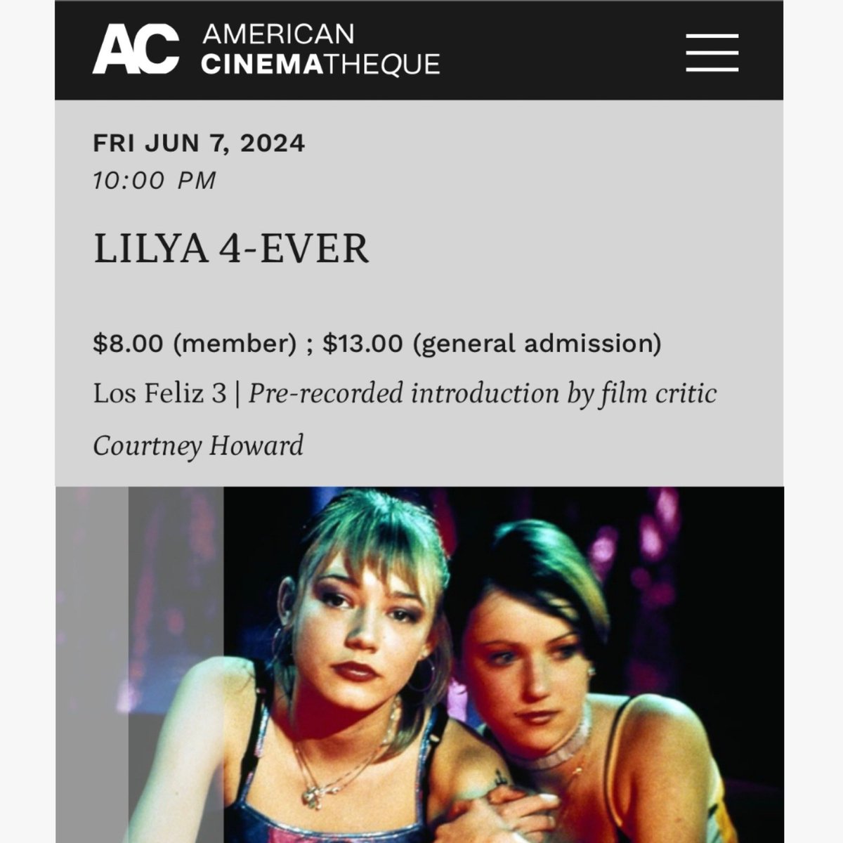 To celebrate #BleakWeek at @am_cinematheque, I’ll be closing out the screening series introducing LILYA 4-EVER at the Los Feliz 3 on June 7. Buy a ticket and come feel the weight of this incredible film. americancinematheque.com/now-showing/li…