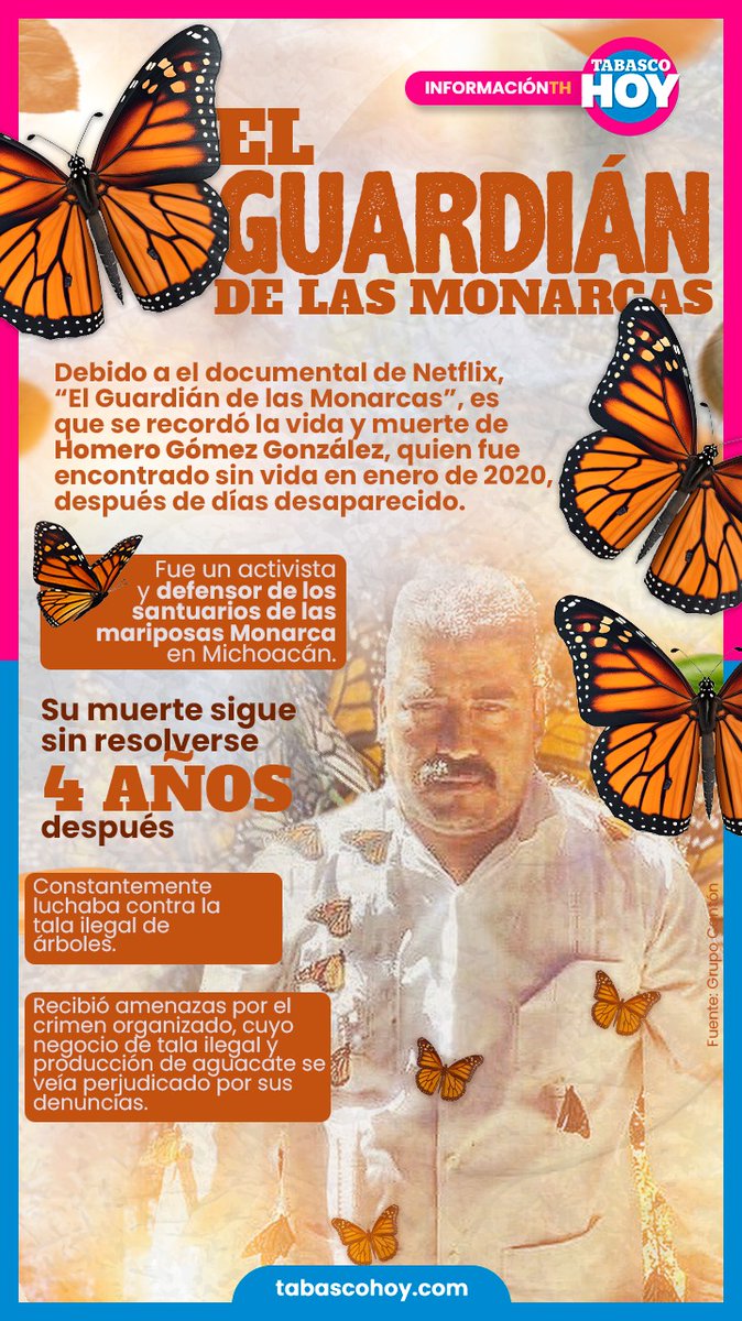 #Infografía📌| El guardián de las #Monarcas.🦋🍃 Homero Gómez González fue un activista y defensor de los santuarios de las mariposas Monarca en #Michoacán. Su muerte sigue sin resolverse. 👇 tabascohoy.com