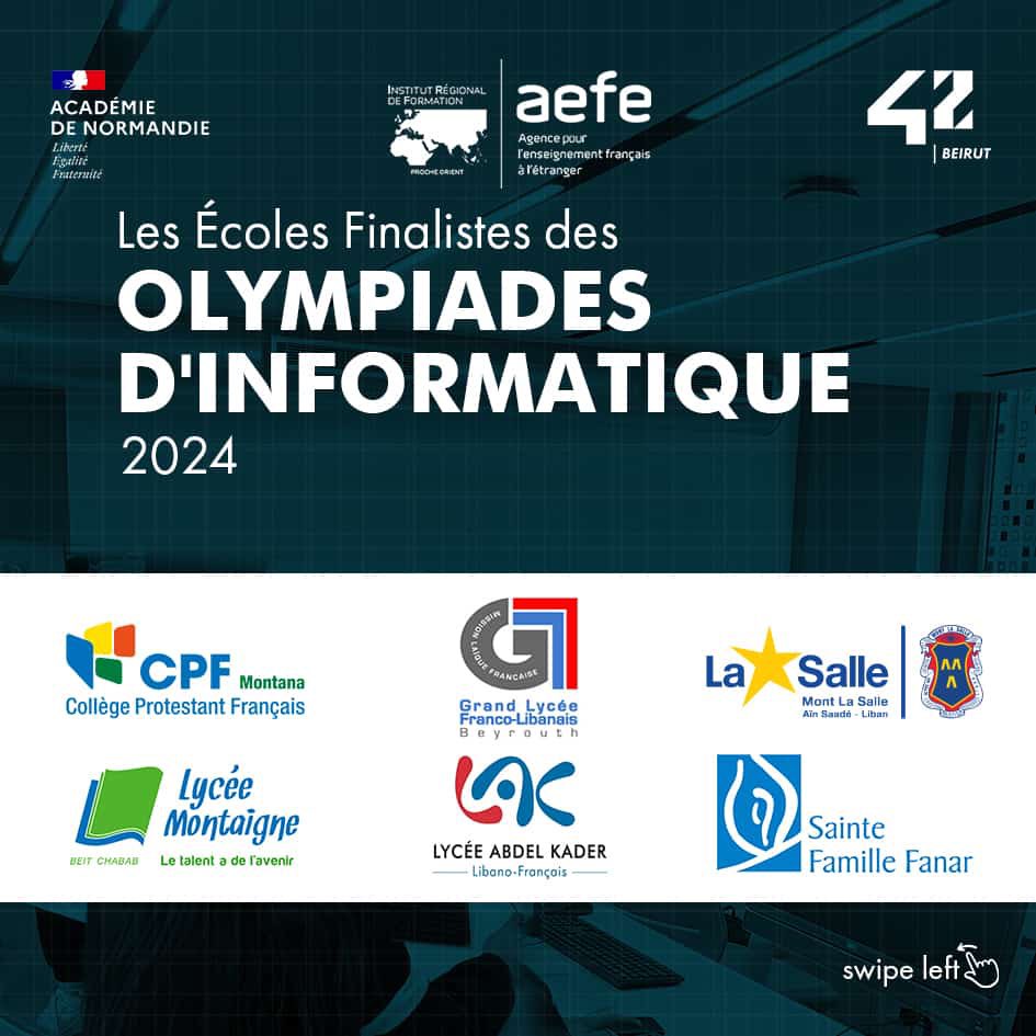 L’<a href="/aefeinfo/">AEFE</a> en partenariat avec <a href="/ac_normandie/">Académie de Normandie</a> organise la première édition des #Olympiades d'#Informatique de 4ème et de 1ère #NSI.

💻 En #ZPO🇱🇧, nous organisons cet événement à l'école #42Beirut. 

🏫 Plus de 110 élèves venus de 12 établissements du #Liban

📆15 mai 2024