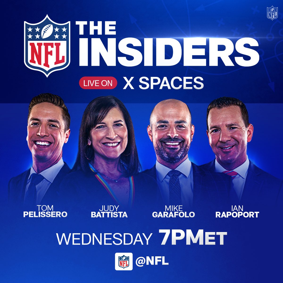 Join The Insiders @TomPelissero, @judybattista, @MikeGarafolo and @RapSheet for a LIVE conversation about the NFL Schedule Release! Set a reminder here: x.com/i/spaces/1ynko…