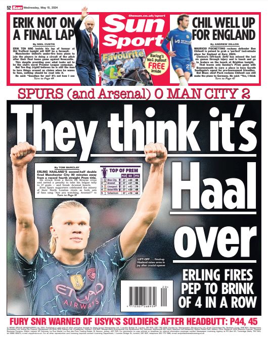 Tomorrow's back page: THEY THINK IT'S HAAL OVER Erling Haaland's second-half double fired Manchester City 90 minutes away from a record fourth straight Prem title (@TomBarclay_). Plus - Erik ten Hag insists his lap of honour at Old Trafford tonight will NOT be a farewell