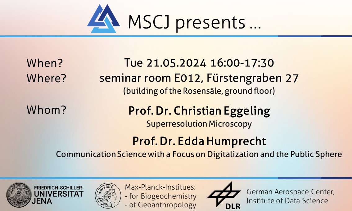 We are happy to invite you to our first event of "MSCJ pesents ..." where members and friends of MSCJ introduce theirselves and their work in short talks, followed by the opportunity for further discussion. Meet exciting people and ideas, and find interdisciplinary collaborators.