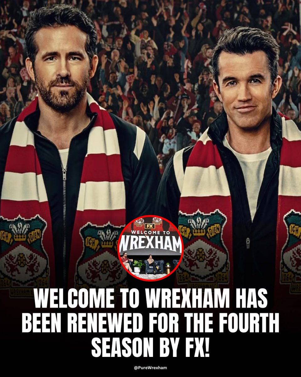 WELCOME TO WREXHAM HAS BEEN RENEWED FOR A FOURTH SEASON BY FX! 📺🎥

“Wrexham AFC has exceeded all expectations on the pitch and with fans, scoring back-to-back promotions under the leadership of Rob and Ryan and rising to compete in League One next season“

#WxmAFC 🔴⚪️