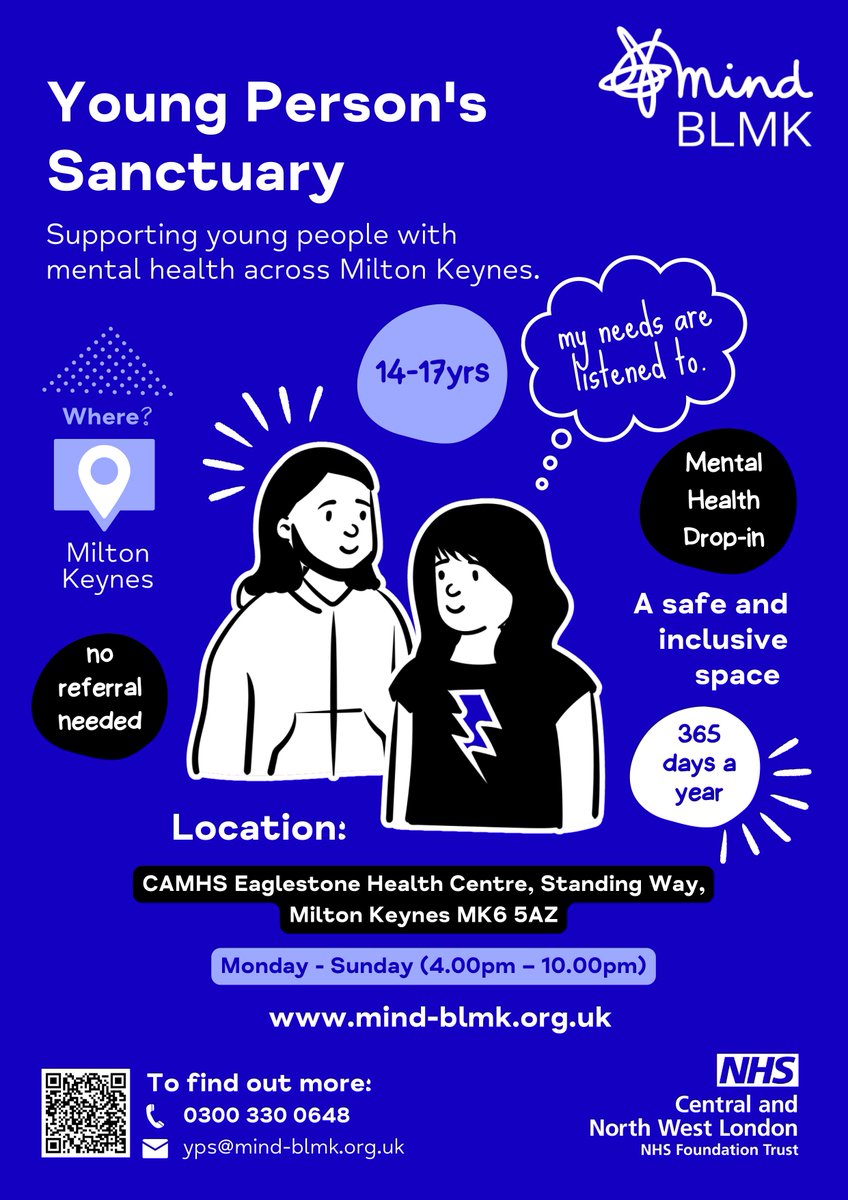 Carers Milton Keynes (@carersmk) on Twitter photo Young Person’s Sanctuary, a mental health drop-in service from @MindBLMK, CAMHS and <a href="/CNWLNHS/">CNWL NHS FT</a> for 14-17 years olds in need of mental health support.
For more information, please visit mind-blmk.org.uk/how-we-can-hel…
#MentalHealthAwarenessWeek #youngcarers #mentalhealth #MiltonKeynes Young Person’s Sanctuary, a mental health drop-in service from @MindBLMK, CAMHS and <a href="/CNWLNHS/">CNWL NHS FT</a> for 14-17 years olds in need of mental health support.
For more information, please visit mind-blmk.org.uk/how-we-can-hel…
#MentalHealthAwarenessWeek #youngcarers #mentalhealth #MiltonKeynes