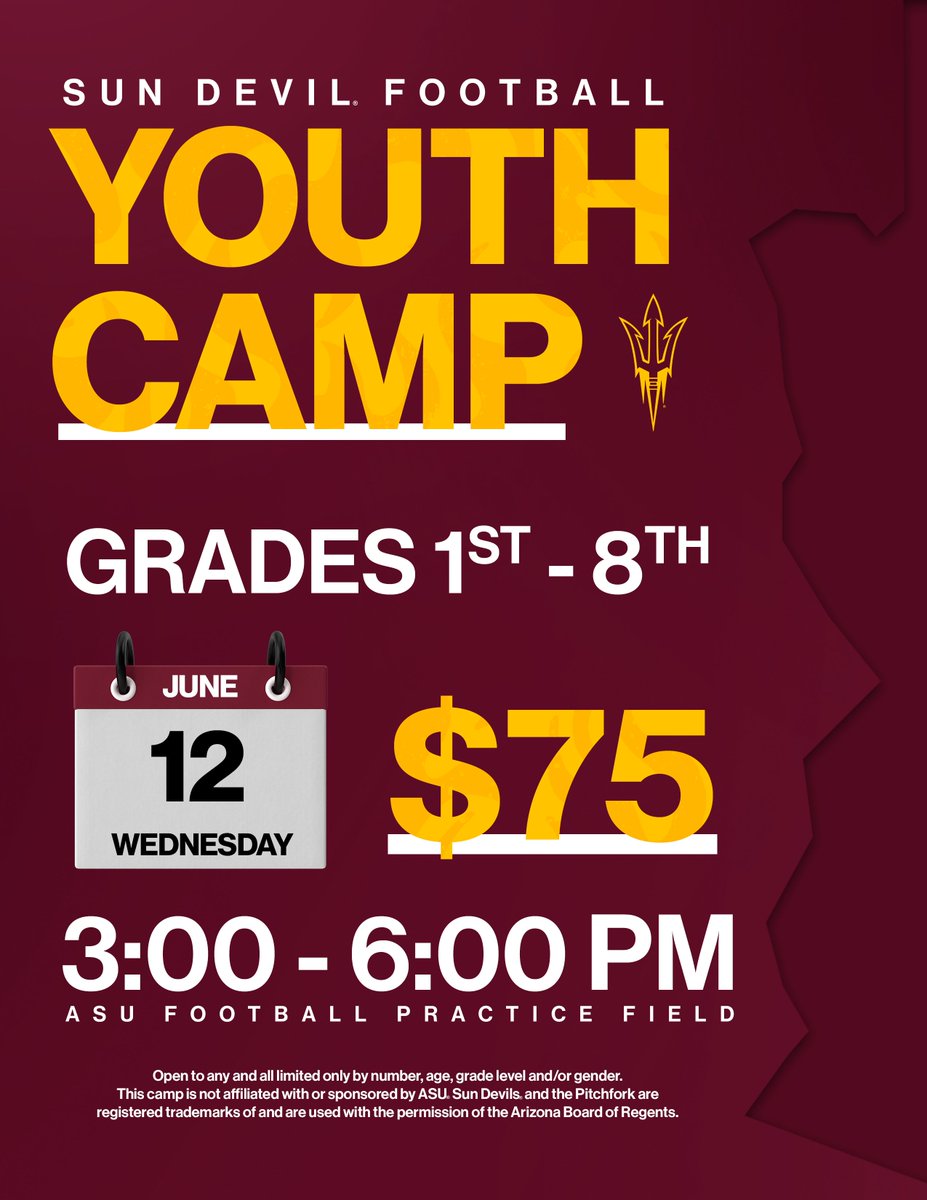 🚨REMINDER🚨 Our Youth Camp is just around the corner and you don't want to miss it! Click the link below to sign up and for more information! thesundevils.com/sports/2024/3/…