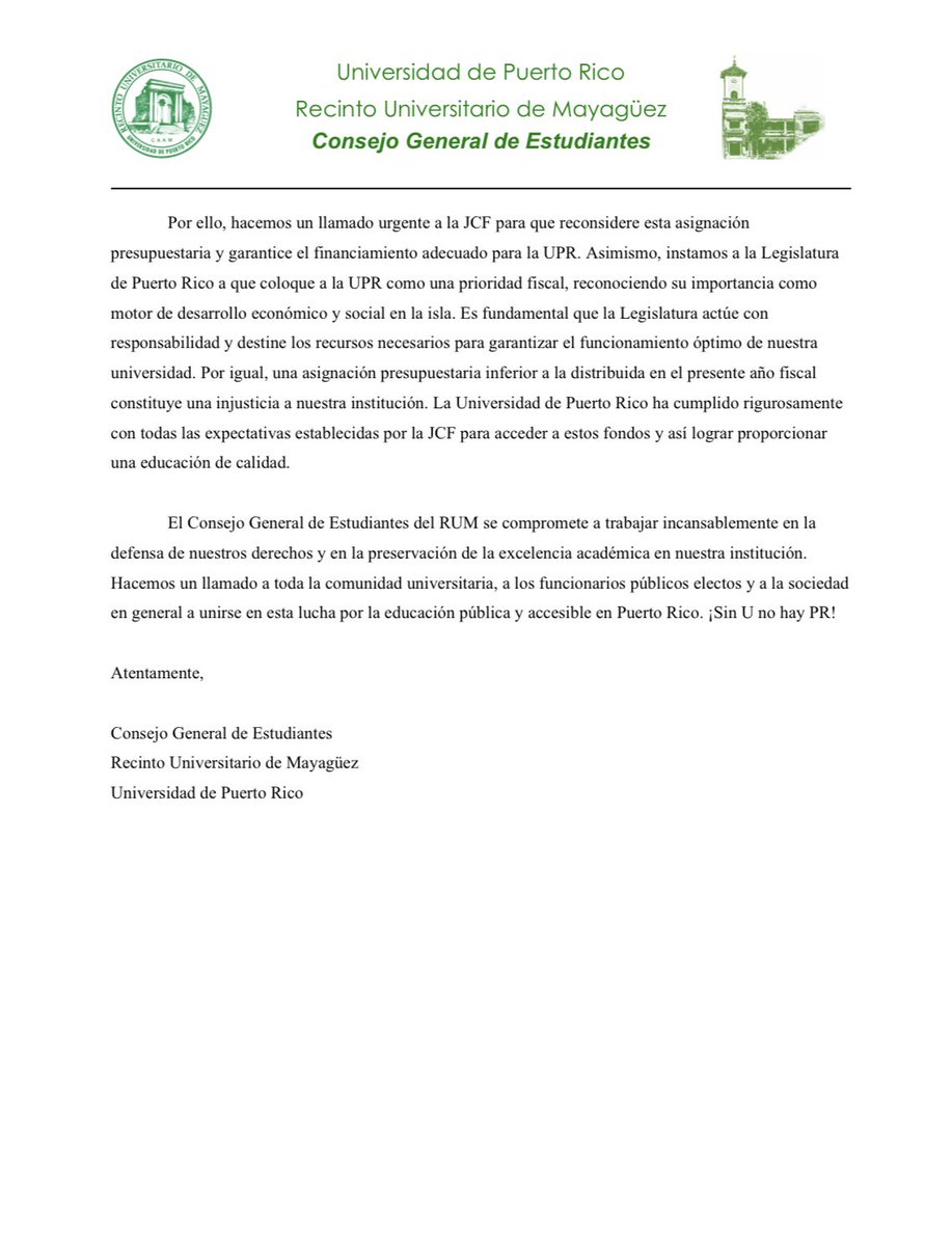 [COMUNICADO OFICIAL] El CGE-RUM se expresa ante la asignación presupuestaria a la UPR por la JCF.