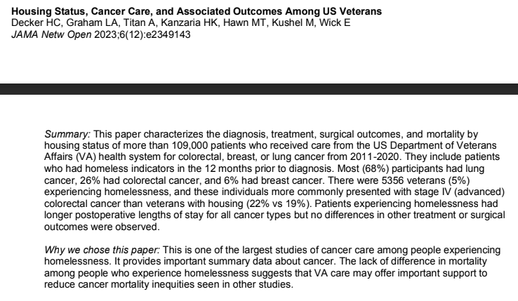 Pinning for my reading list. Our paper in @JAMANetworkOpen was highlighted: can we learn from @DeptVetAffairs re: cancer care for unhoused patients? jamanetwork.com/journals/jaman… @ucsfbhhi