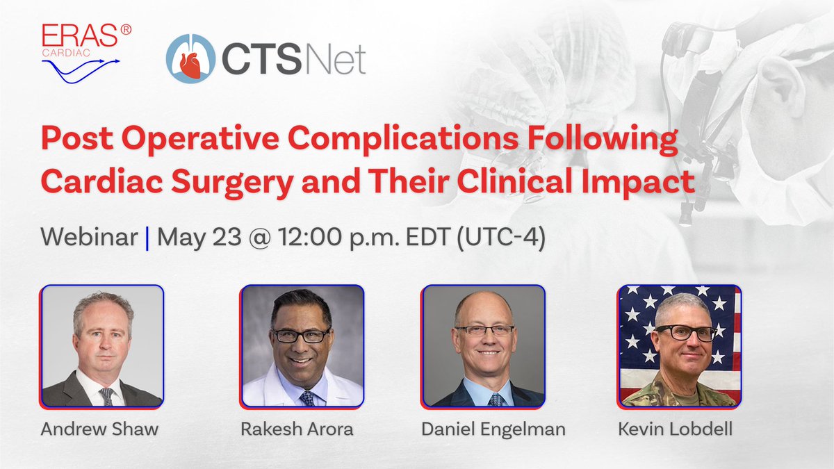 CTSNet (@ctsnetorg) on Twitter photo 📅 Upcoming <a href="/eras_cardiac/">Eras_cardiac</a> Webinar: "Post Operative Complications Following Cardiac Surgery and Their Clinical Impact"
Featuring presentations from Dr. Shaw and Dr. Arora, join the live Q&A discussion!
⏰ May 23 @ 12:00 p.m. EDT (UTC-4). Register: ow.ly/6Rn350RGh2L 📅 Upcoming <a href="/eras_cardiac/">Eras_cardiac</a> Webinar: "Post Operative Complications Following Cardiac Surgery and Their Clinical Impact"
Featuring presentations from Dr. Shaw and Dr. Arora, join the live Q&A discussion!
⏰ May 23 @ 12:00 p.m. EDT (UTC-4). Register: ow.ly/6Rn350RGh2L